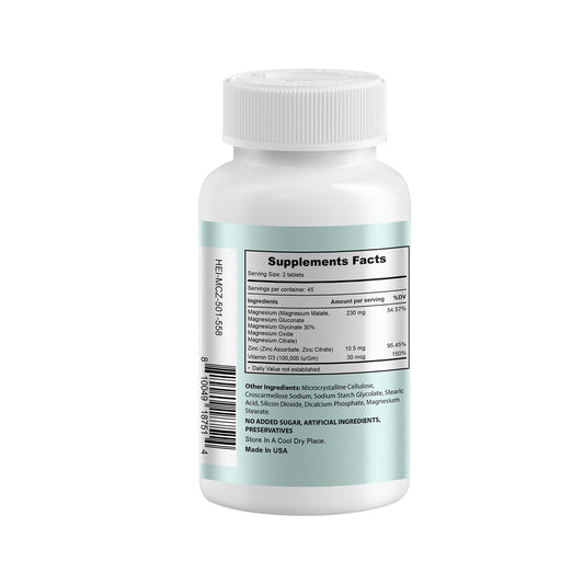 Heivy Magnesium Complex bottle label shows zinc and vitamin D3 inclusion for bone support