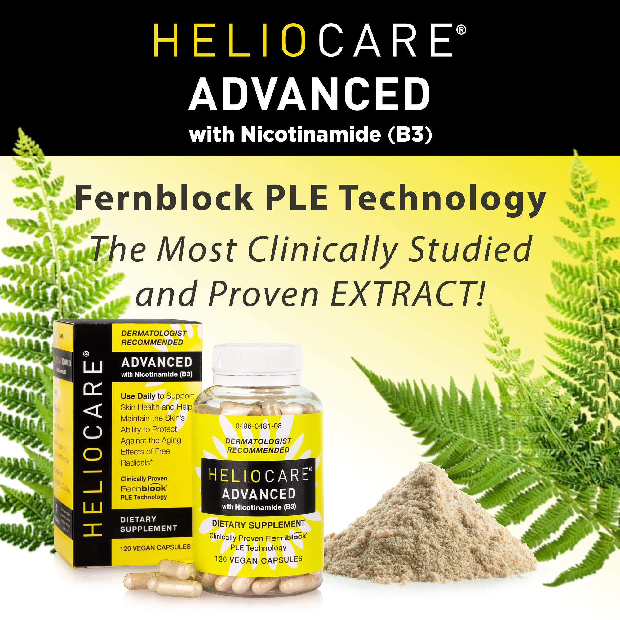 Label detail shows Niacin 500 mg and Fernblock PLE 240 mg per serving.