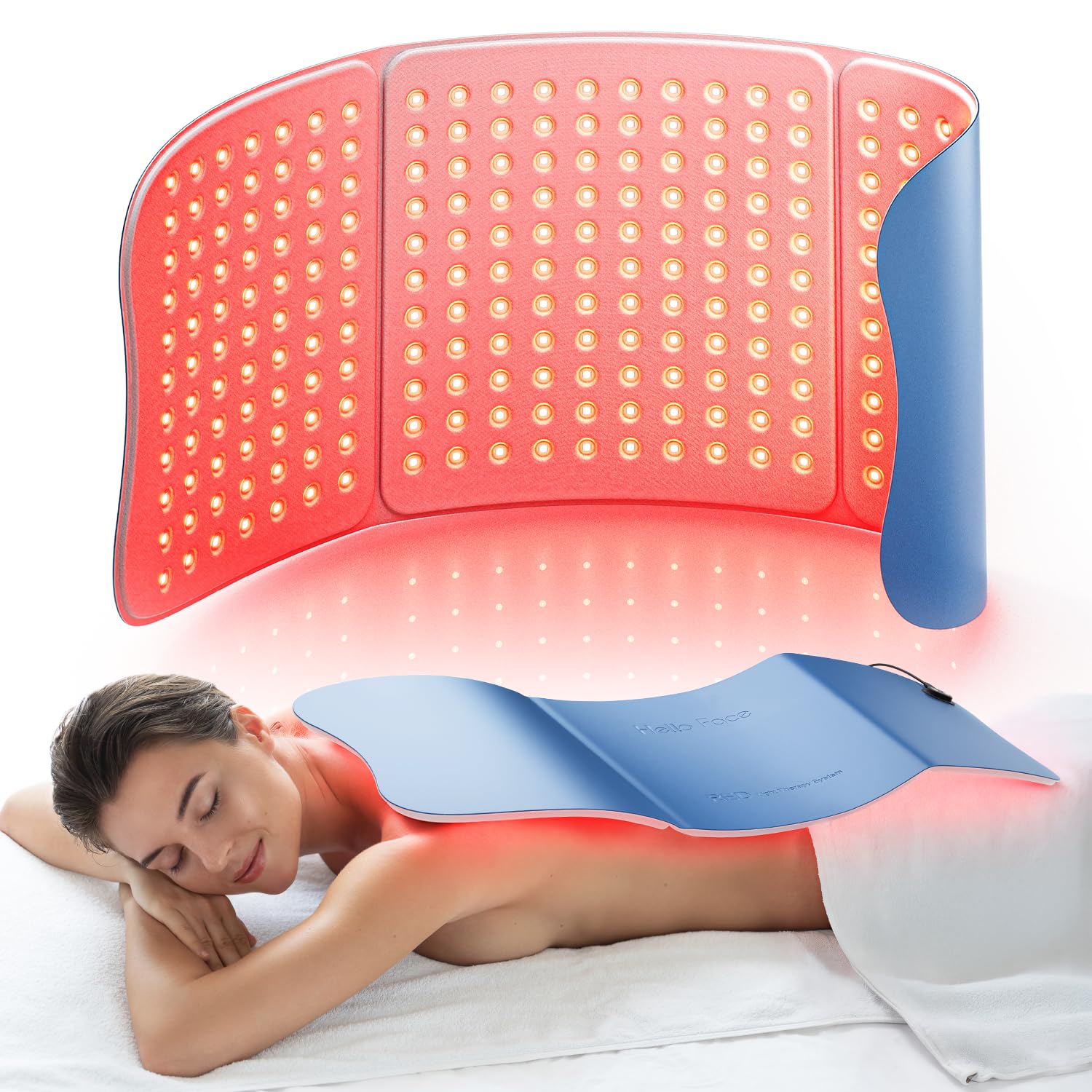 Hello Face large red light therapy mat front view for full body coverage and soothing relief.