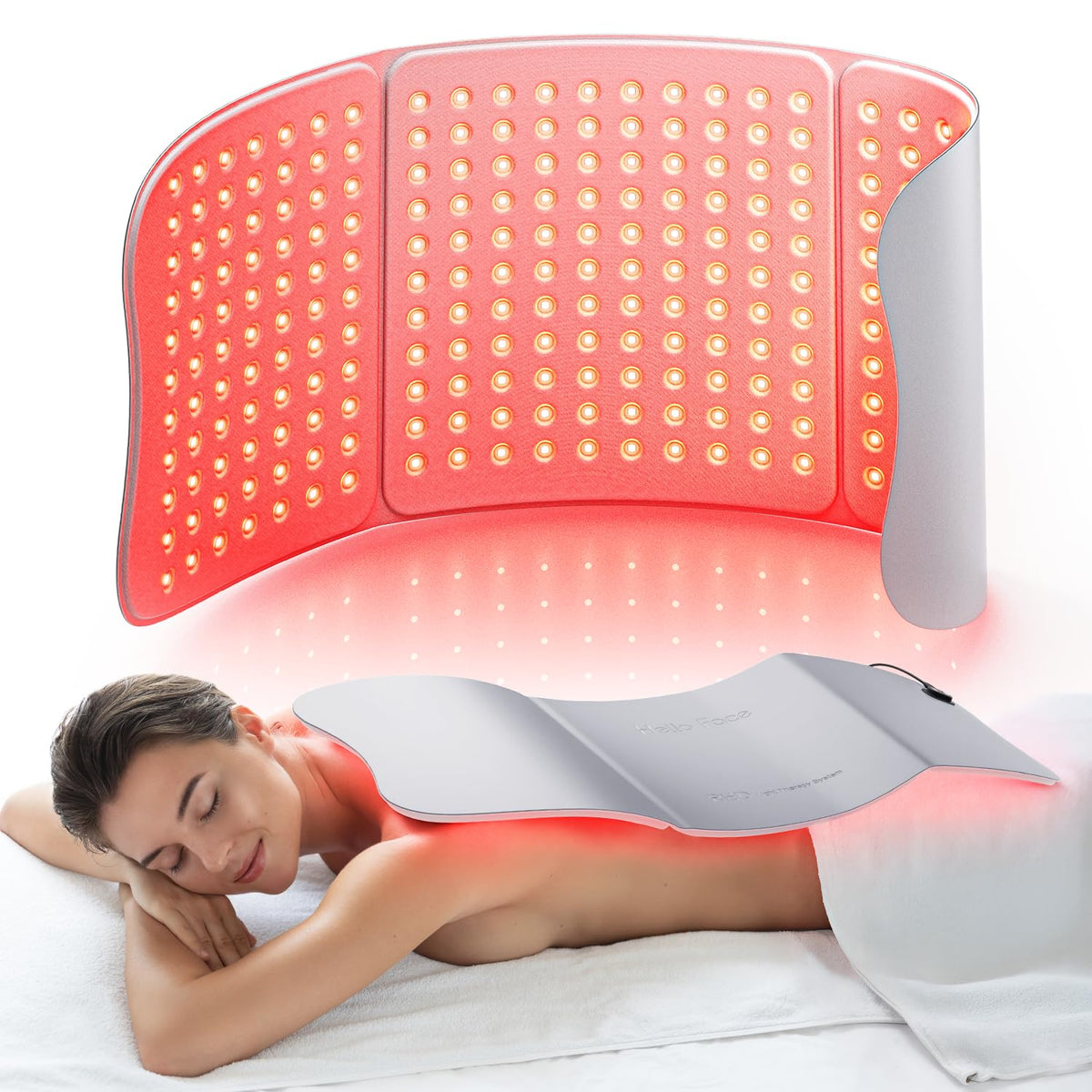 Hello Face red light therapy mat covers the back for targeted muscle relief and relaxation.
