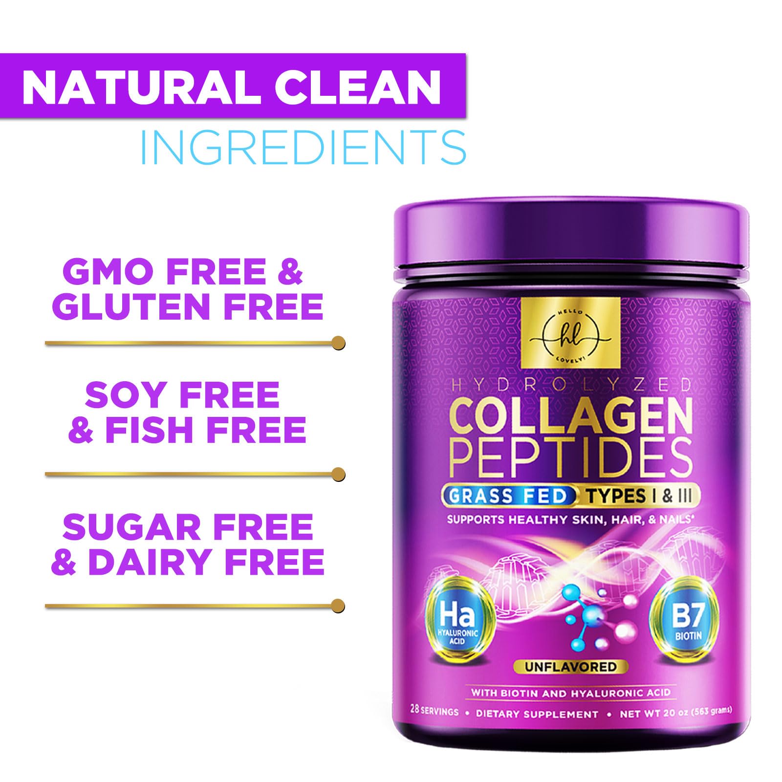Hello Lovely product image shows glass with mixed collagen powder.