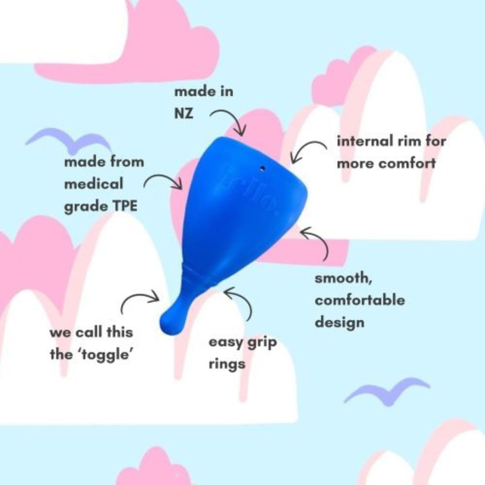 Hello Period Cup extended body design enables easier reach and removal.