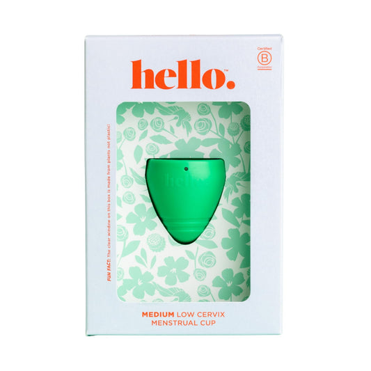 Hello Period Cup Low Cervix in hero shot showing compact low-profile design