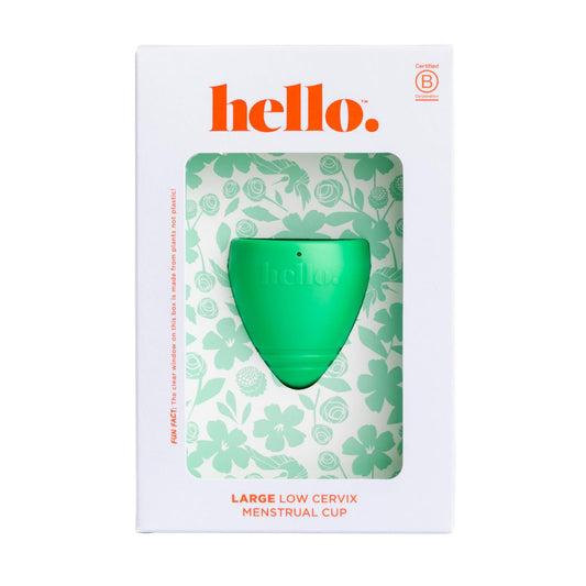 Hello Period Cup Low Cervix L side view showing comfortable low-cervix fit for heavier flow.