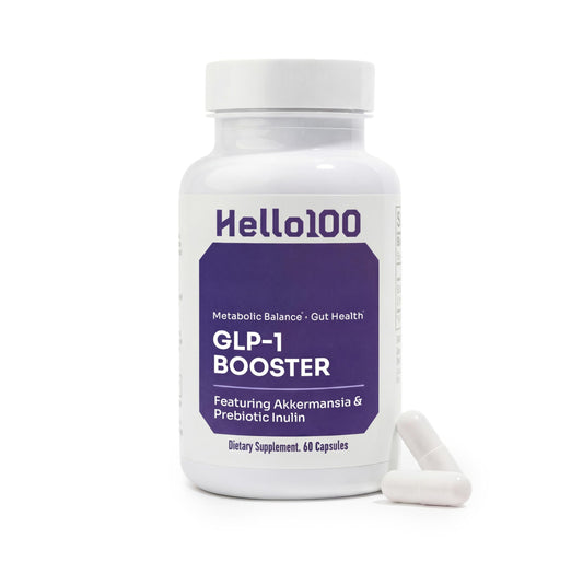 HELLO100 GLP-1 supplement bottle showing daily capsules for appetite control and gut balance.