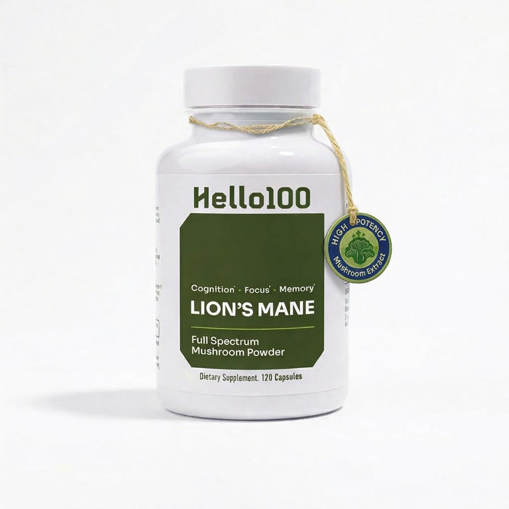 Hello100 Lions Mane bottle pour highlighting premium packaging for focus support.