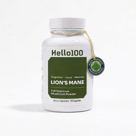 Hello100 Lions Mane bottle pour highlighting premium packaging for focus support.