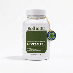 Hello100 Lions Mane bottle pour highlighting premium packaging for focus support.