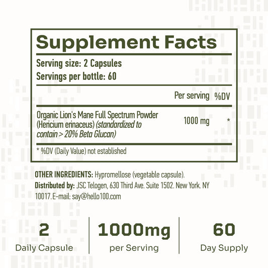 Hello100 Lions Mane capsules close-up shows high-potency 1000mg nootropic formula.