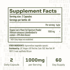 Hello100 Lions Mane capsules close-up shows high-potency 1000mg nootropic formula.