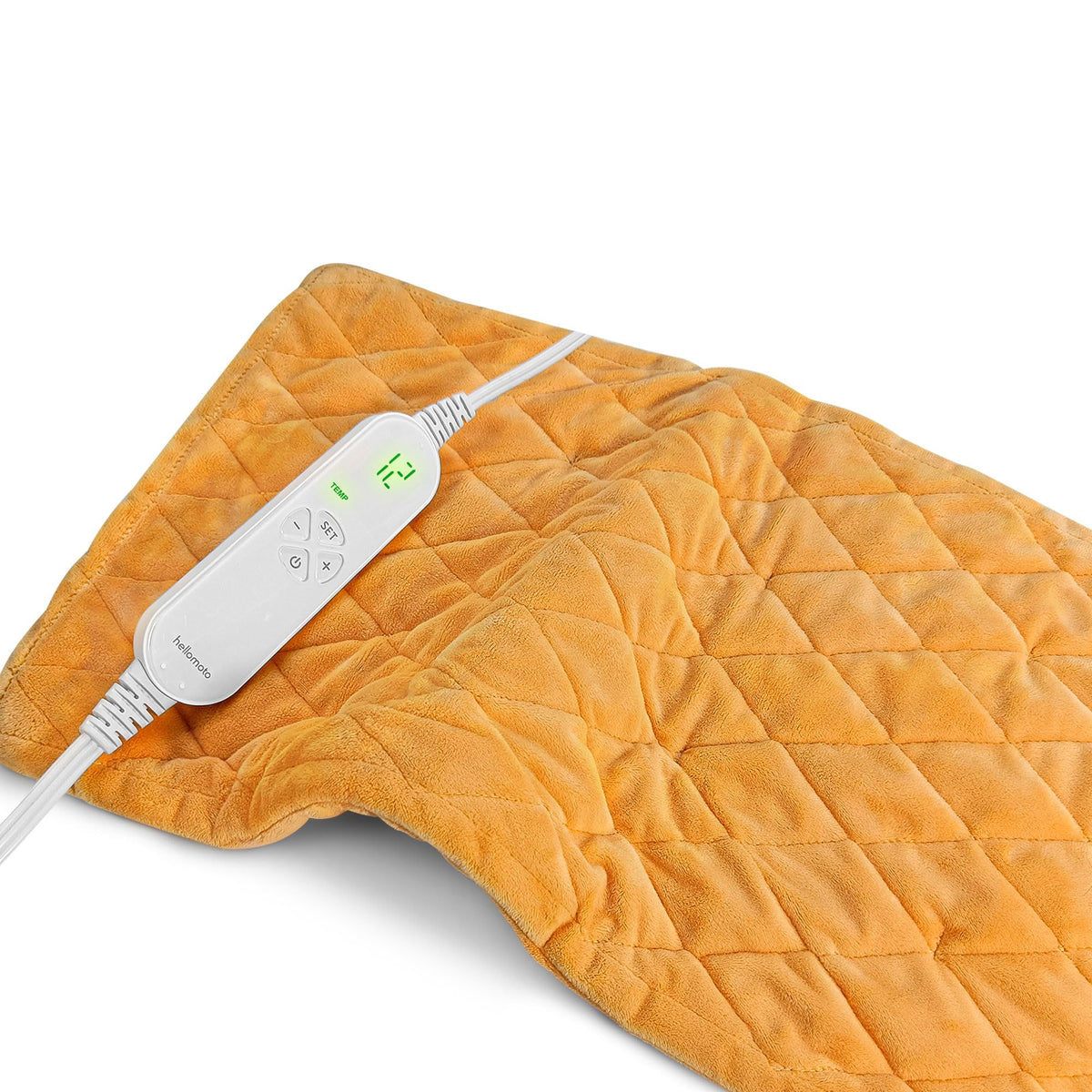 HELLOMOTO weighted heating pad close-up showing premium fill for steady heat.