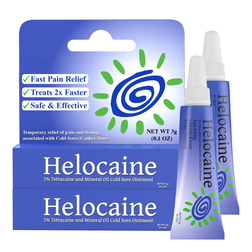 Helocaine fast-acting cold sore treatment tube ready for quick relief.