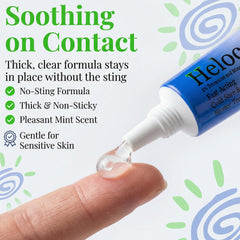 Helocaine lip and mouth relief shown during use near a mirror.