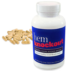 Hem Knockout bottle with capsules suggesting fast internal hemorrhoid relief while supporting vein health