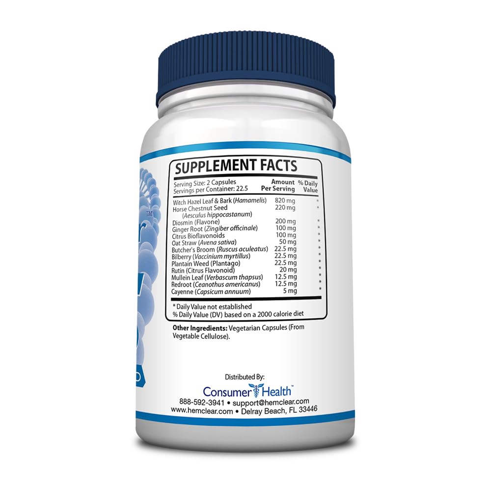 HemClear herbal ingredients label featuring witch hazel and diosmin for calming relief.