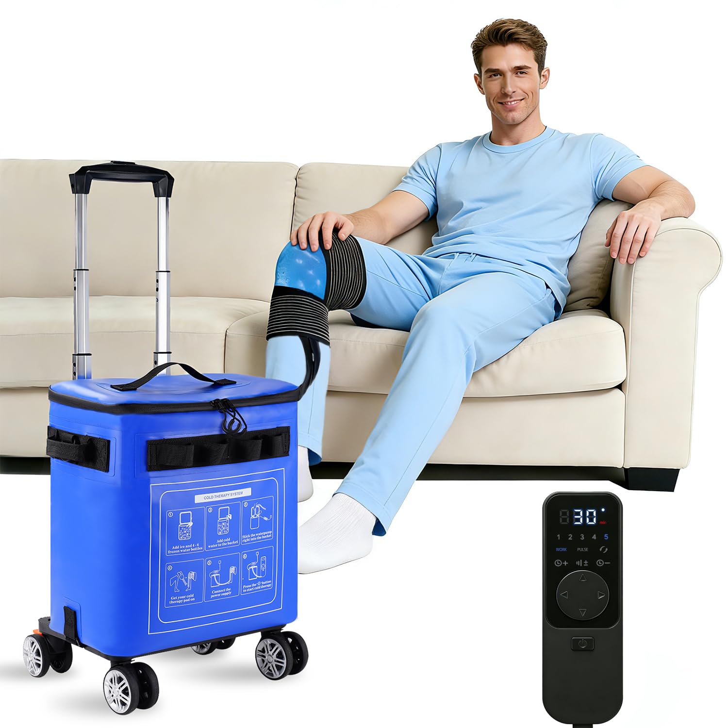 Hemei9319 knee ice machine side view with portable wheels for easy at-home recovery.