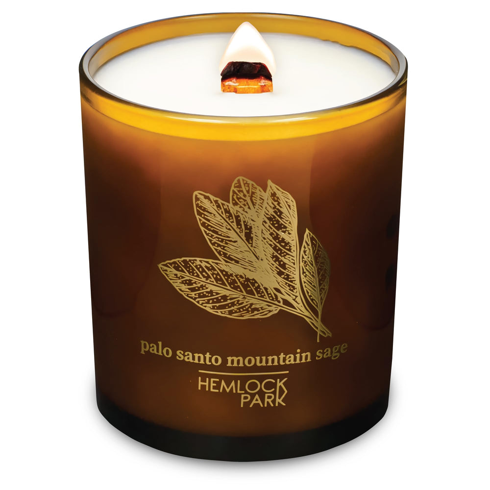 Hemlock Park Amber & Gold Candle with wood wick for a warm, herbaceous ambiance.