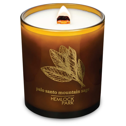 Hemlock Park Amber & Gold Candle with wood wick for a warm, herbaceous ambiance.
