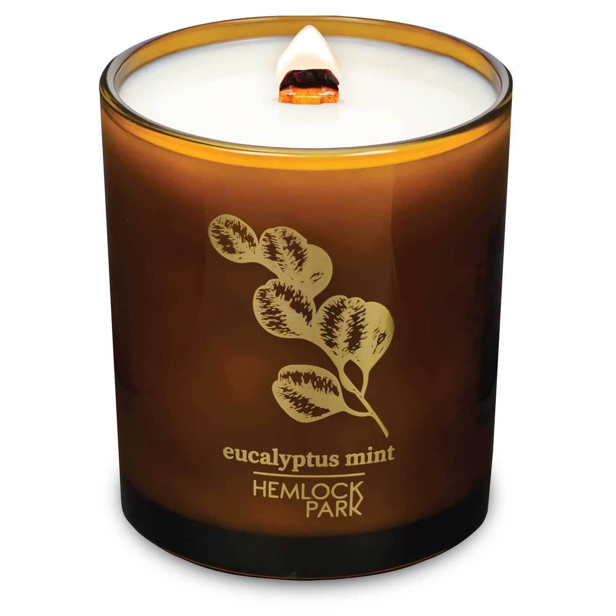 Hemlock Park Amber & Gold Wood Wick Candle in 14 oz with a warm, inviting glow.