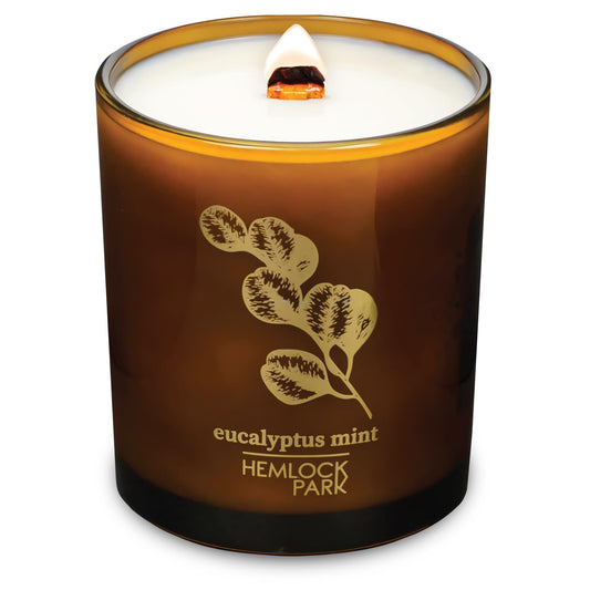 Hemlock Park Amber & Gold Wood Wick Candle in 14 oz with a warm, inviting glow.