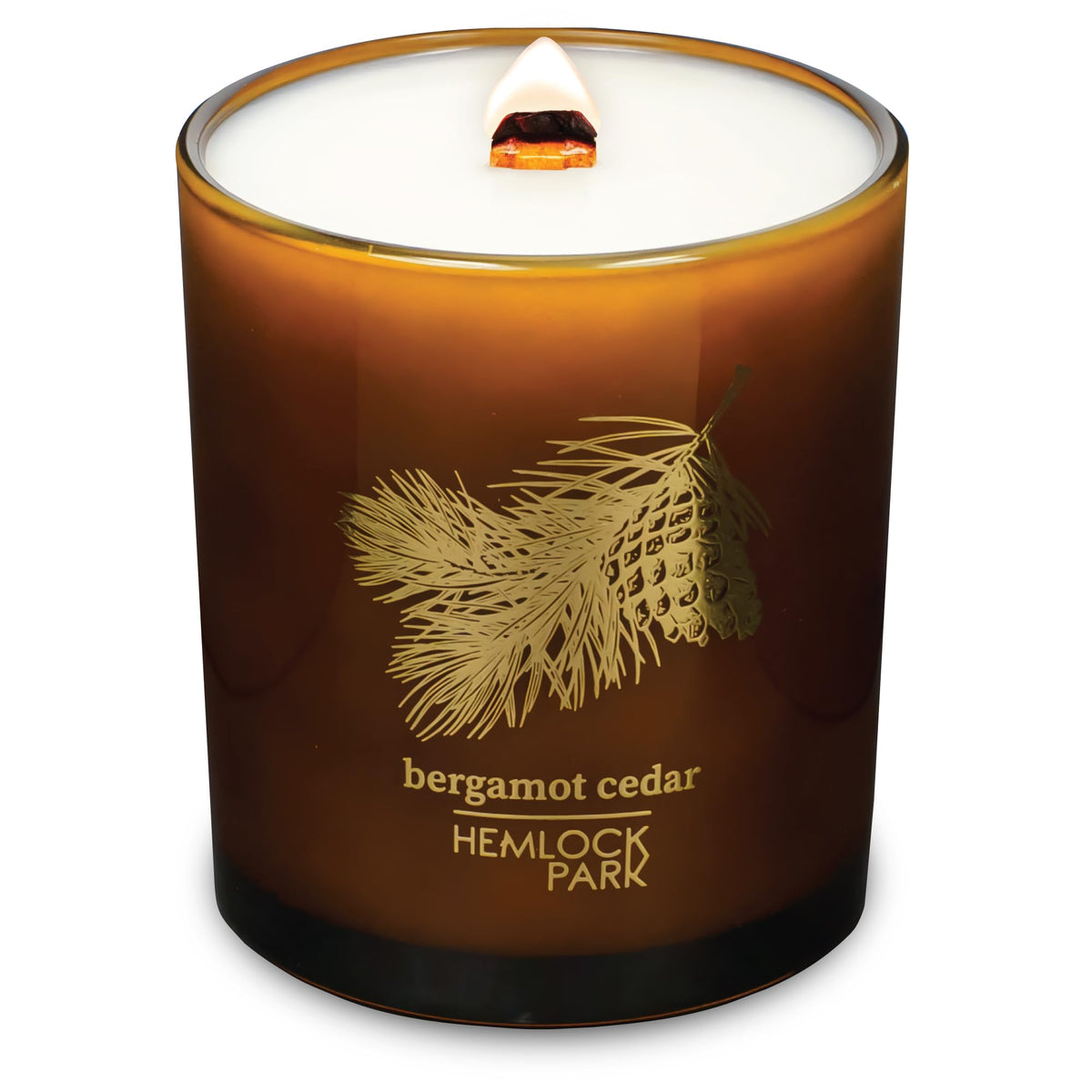 Hemlock Park Amber & Gold wood wick candle, 14oz, for a cozy, inviting ambiance.