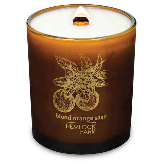Hemlock Park Amber & Gold wood wick candle enhances warm ambiance with natural coconut wax