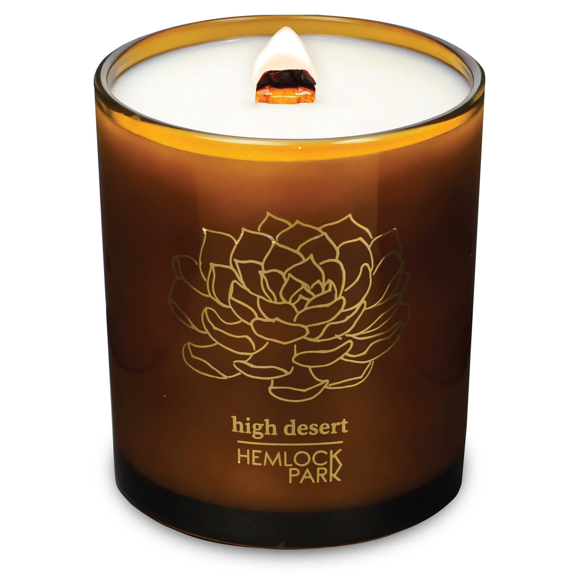 Hemlock Park Amber and Gold Wood Wick Candle with coconut wax for a subtle inviting aroma