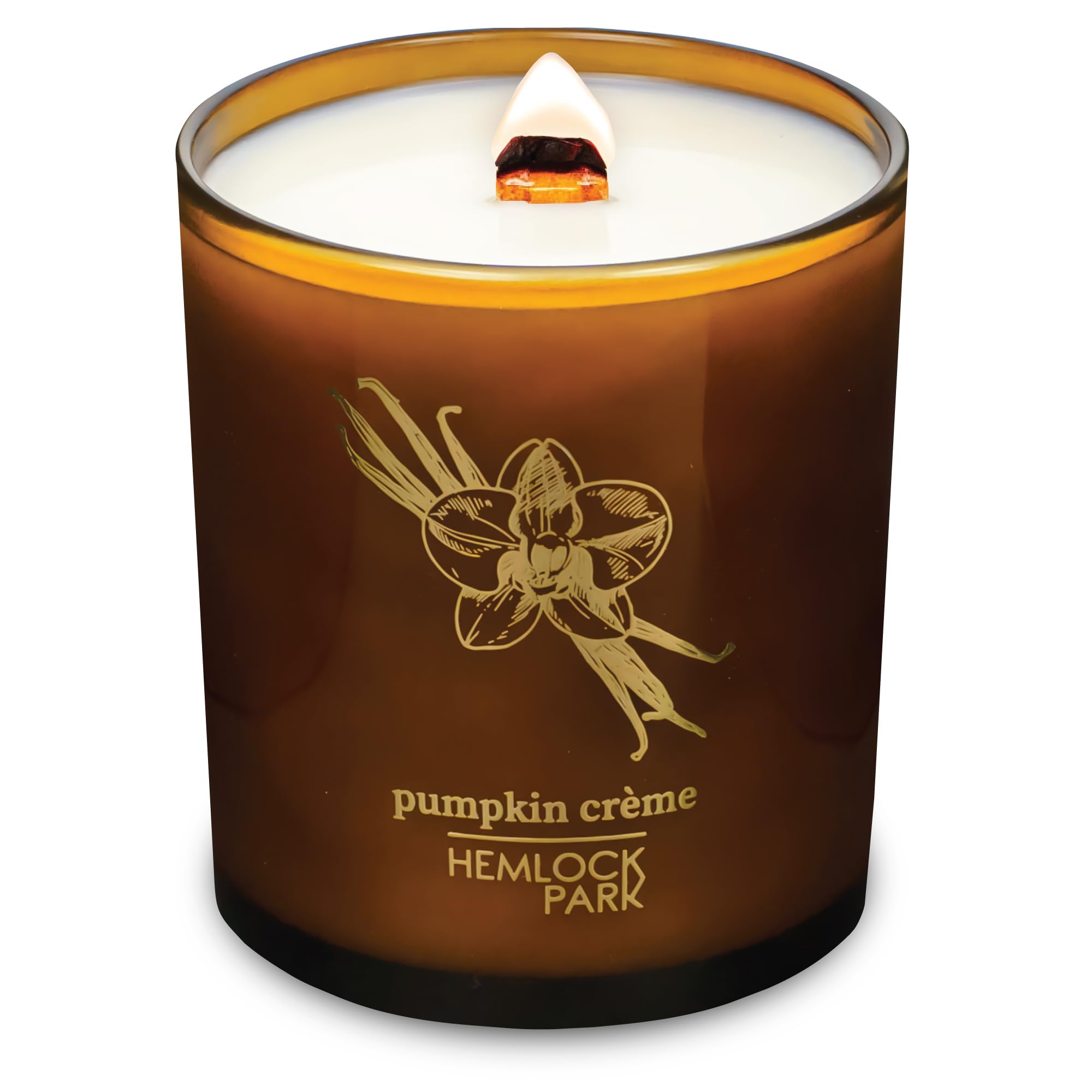Hemlock Park Amber and Gold Wood Wick Candle with coconut wax for cozy ambiance.