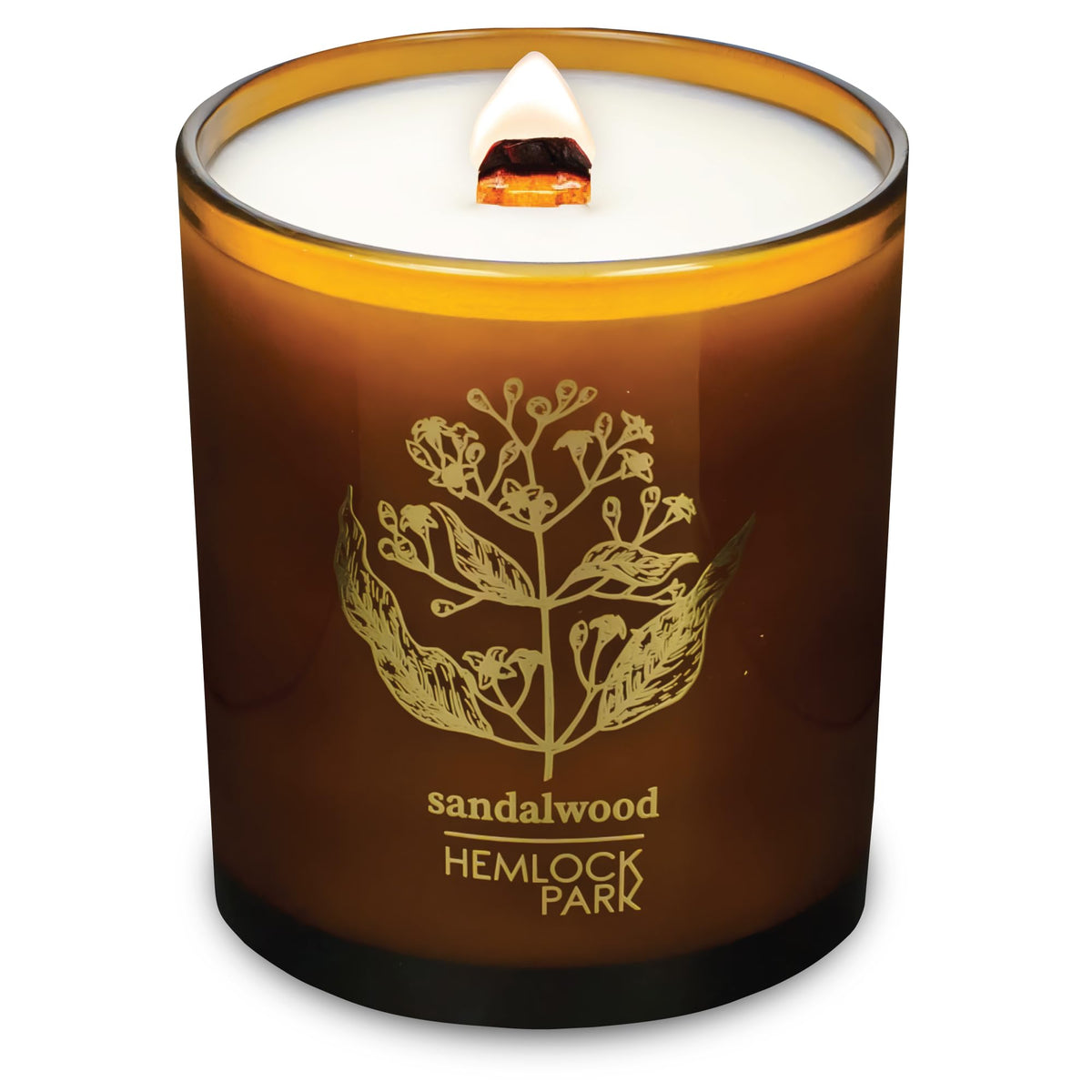 Hemlock Park Amber & Gold Wood Wick Candle with sandalwood aroma for a calming ambiance.