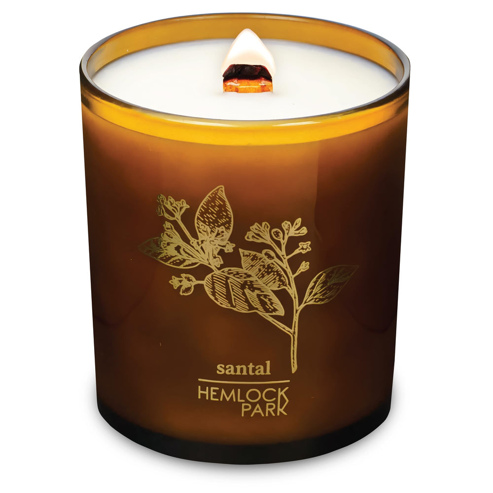Hemlock Park Amber & Gold wood wick candle with Santal notes for cozy evenings