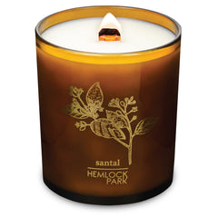 Hemlock Park Amber & Gold wood wick candle with Santal notes for cozy evenings