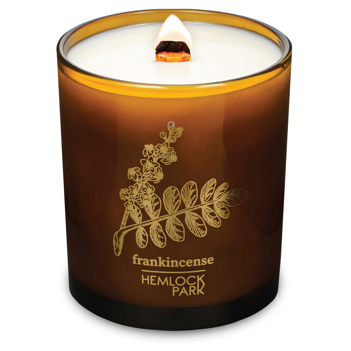 Hemlock Park Amber & Gold Wood Wick Candle with coconut wax for a warm, inviting ambiance.