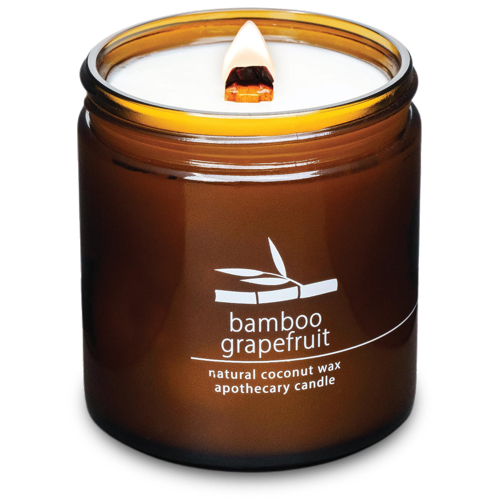 Hemlock Park Bamboo Grapefruit candle with a crackling wooden wick for cozy ambiance.