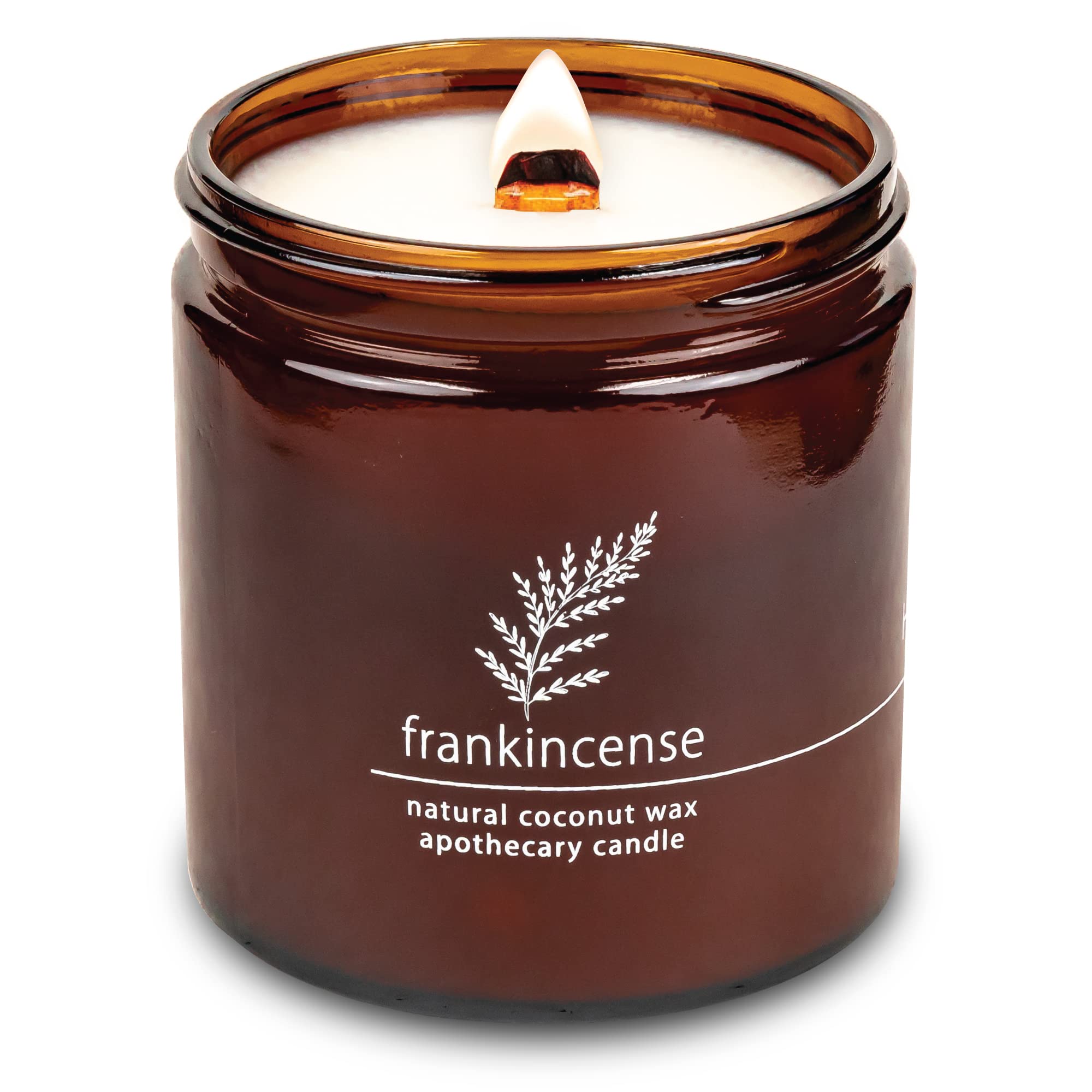 Hemlock Park Frankincense candle with crackling wooden wick for cozy ambiance.