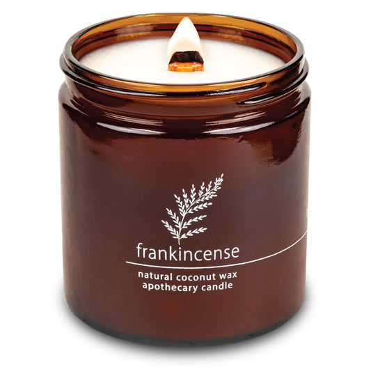 Hemlock Park Frankincense candle with crackling wooden wick for cozy ambiance.
