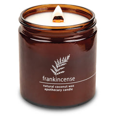 Hemlock Park Frankincense candle with crackling wooden wick for cozy ambiance.