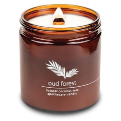 Hemlock Park Oud Forest candle, front view showing the wooden wick and cozy ambiance