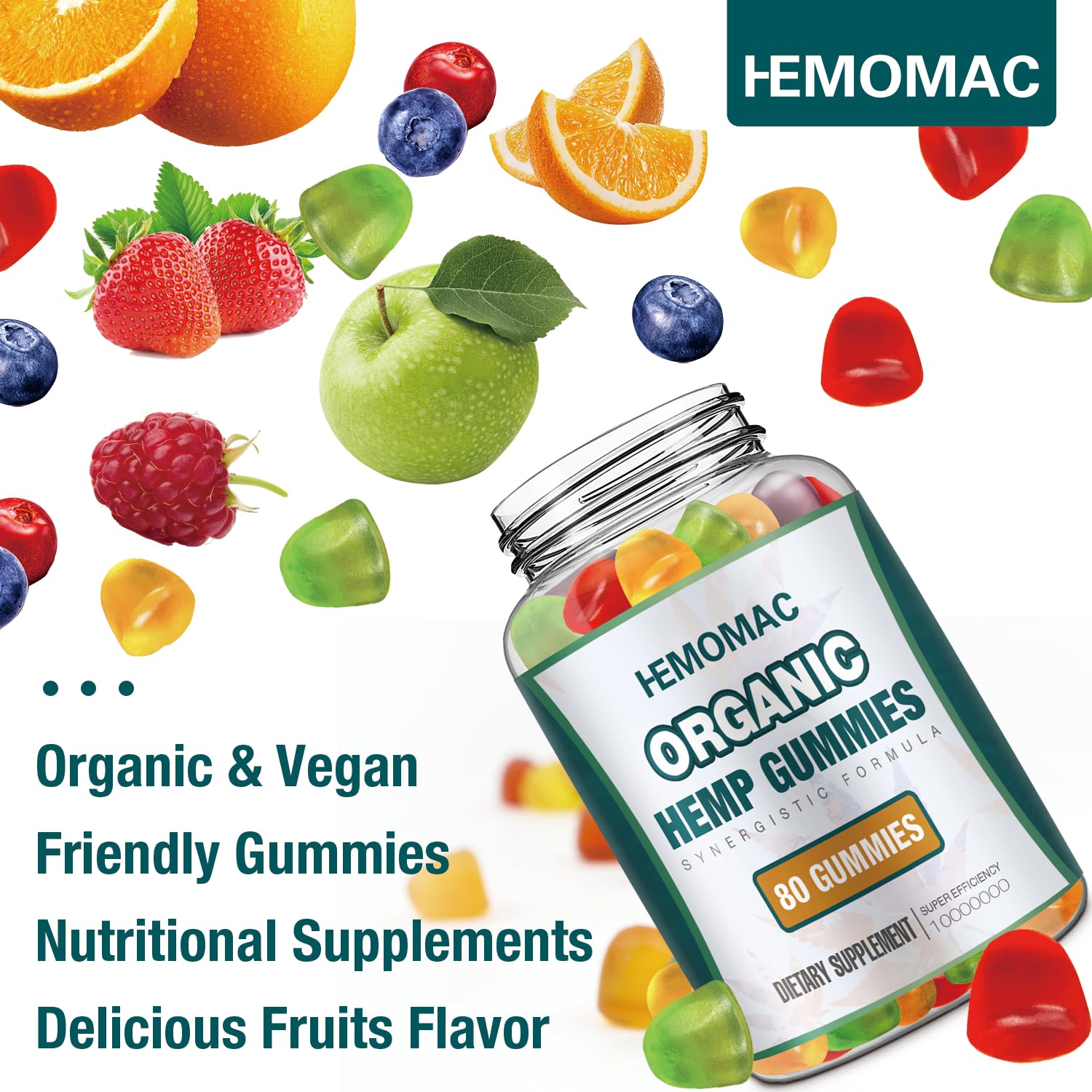 HEMOMAC hemp gummies package with label emphasizes vegan non-GMO quality.