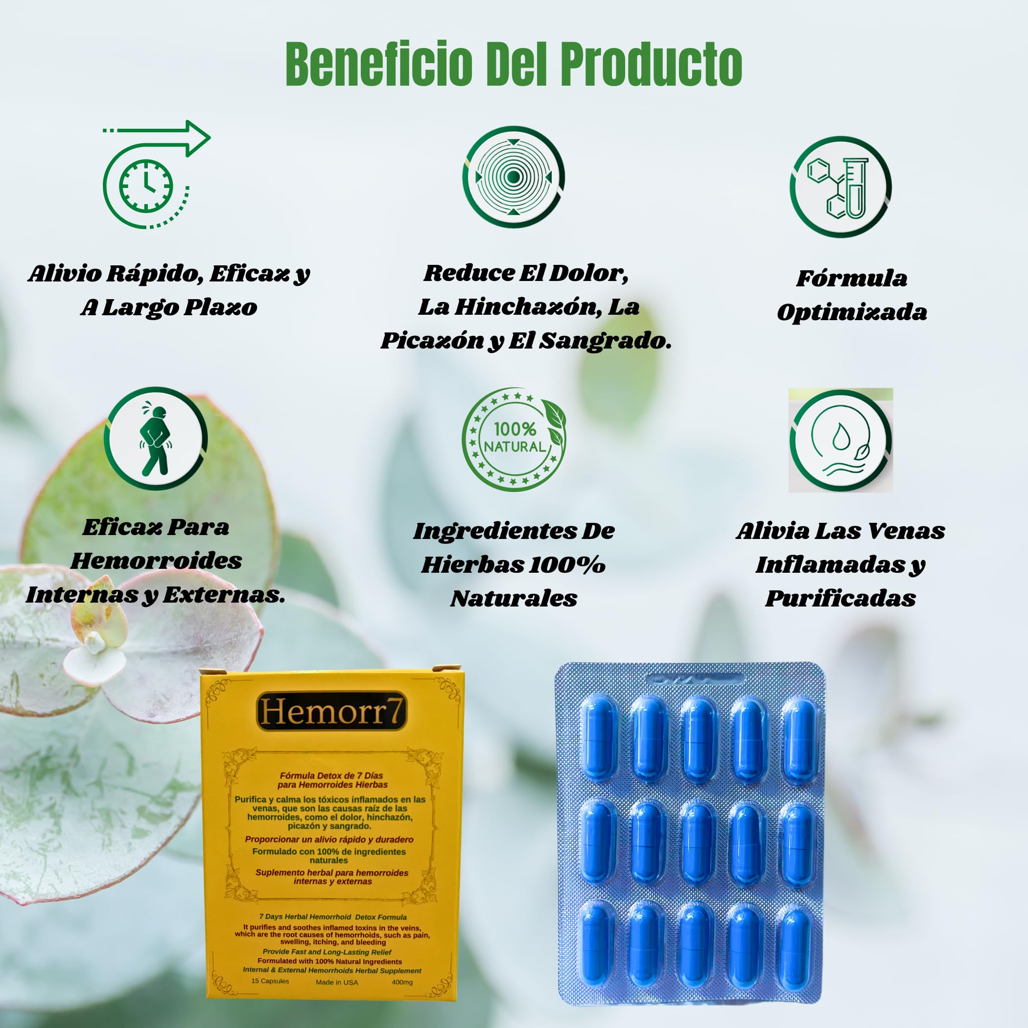 Hemorr7 capsules closeup highlighting a 7-day regimen for symptom support