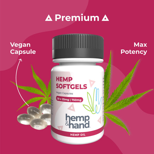 Hemp & Hand softgel close-up shows 25mg capsule for precise dosing.