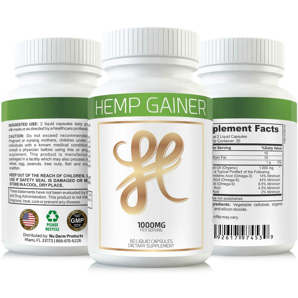 Hemp Gainer women-focused formula label close-up for weight gain support.