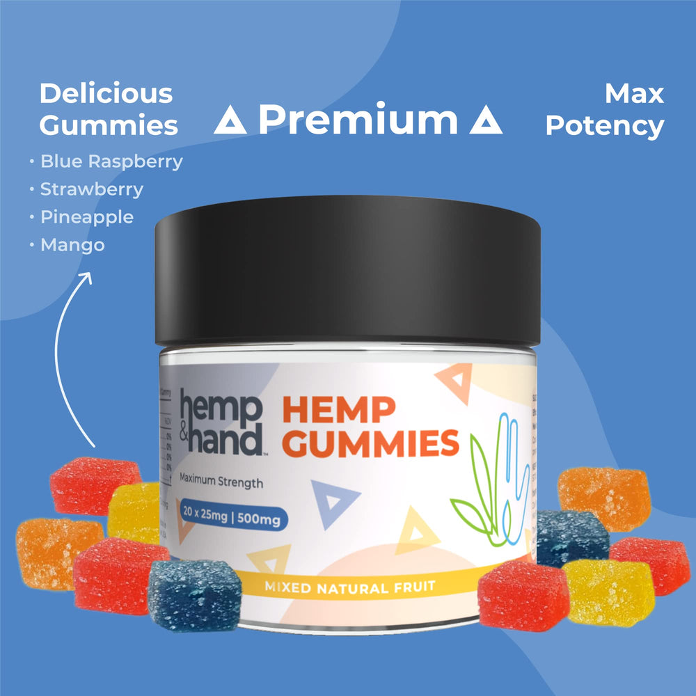 Hemp & Hand gummies closeup showing 25 mg per gummy for dosing flexibility.
