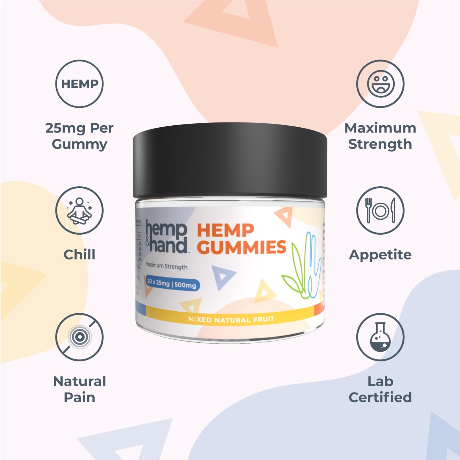 Hemp & Hand gummies flavors in mixed-fruit lineup: strawberry, pineapple, mango, blue raspberry.