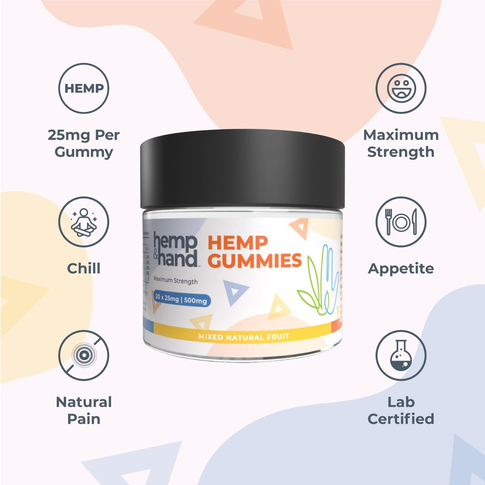 Hemp & Hand gummies flavors in mixed-fruit lineup: strawberry, pineapple, mango, blue raspberry.