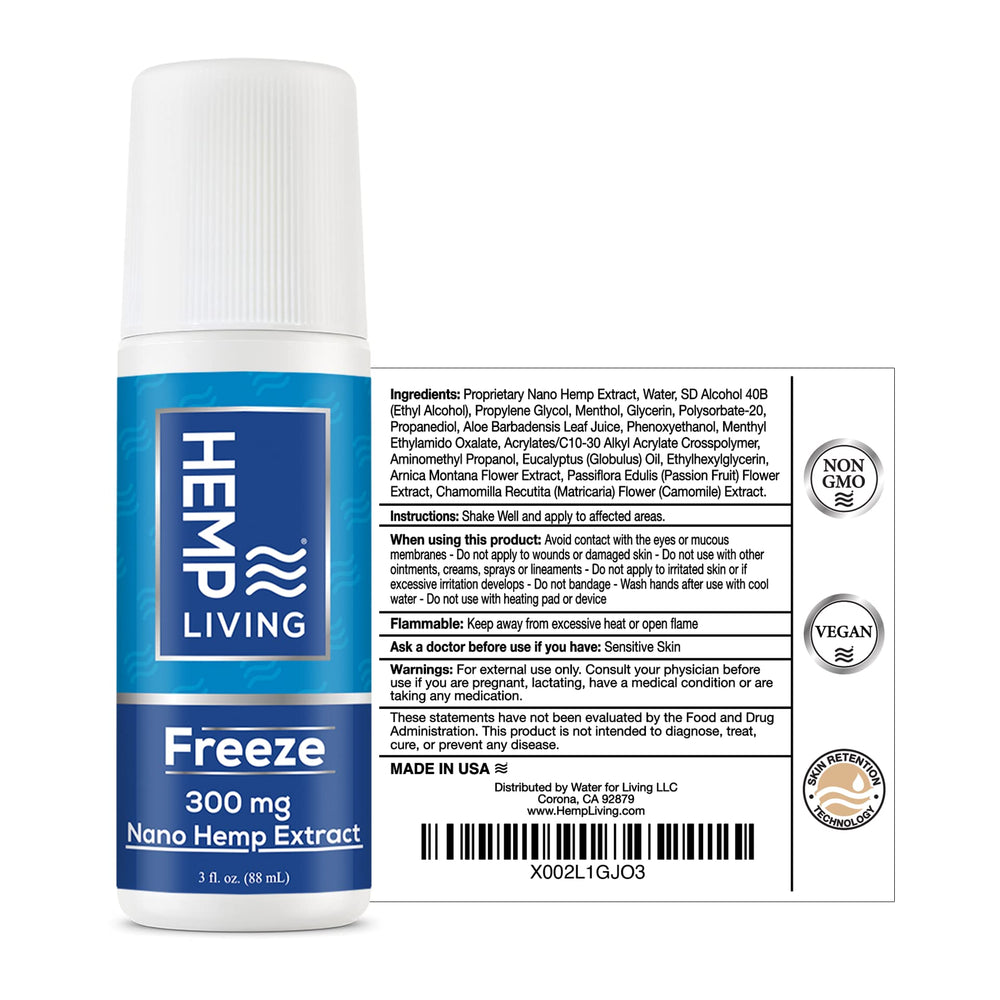 HEMP LIVING Freeze Roll-On on knee for targeted cooling and comfort.