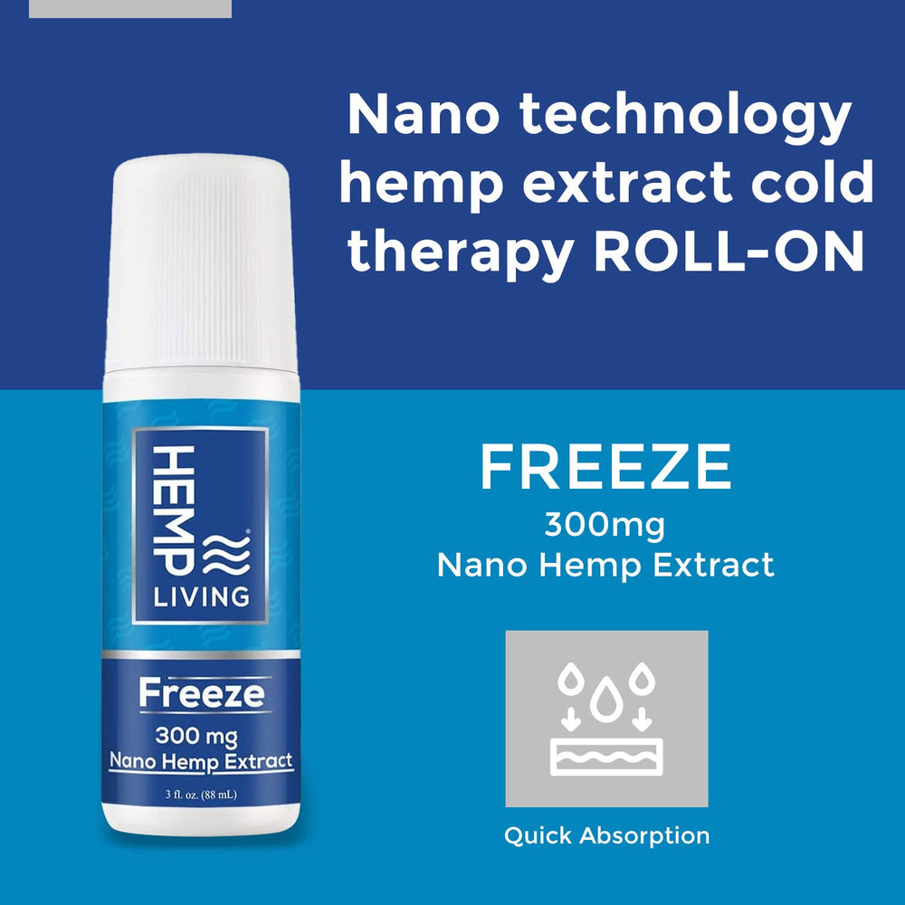 HEMP LIVING Freeze Roll-On applied to shoulder for localized cooling relief.