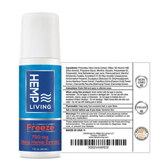 Close-up of Freeze Roll-On label showing 750 mg hemp extract