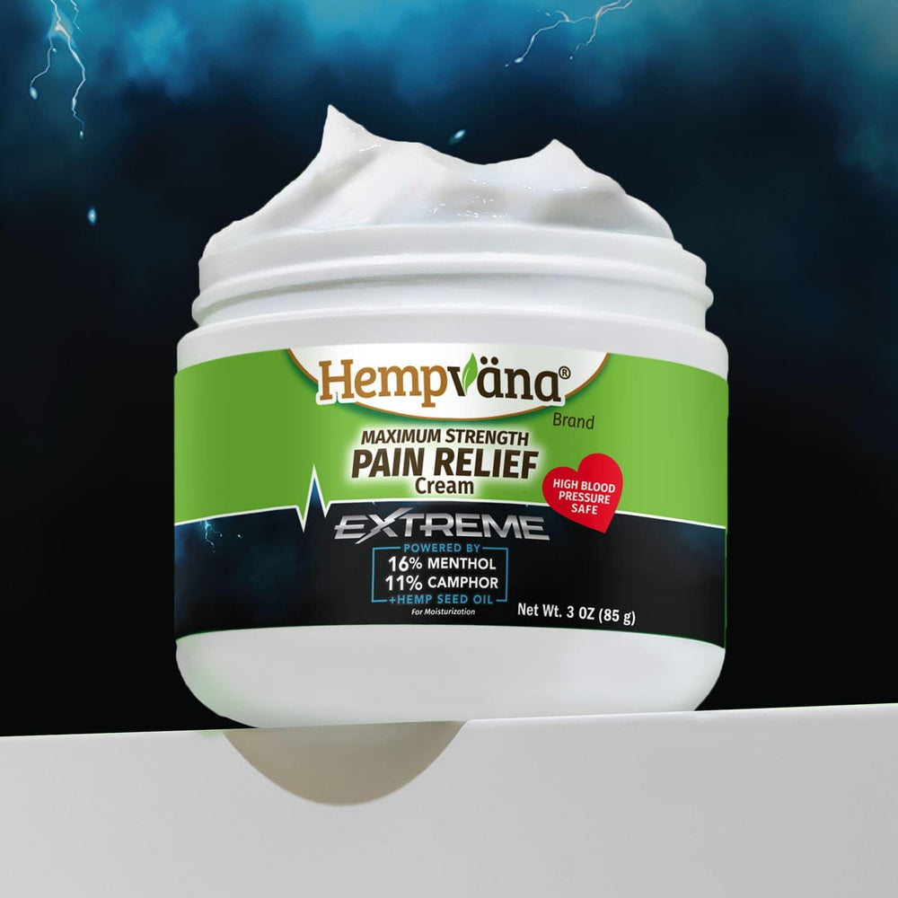 USA-made Hempvana Extreme Pain Relief Cream label on jar.