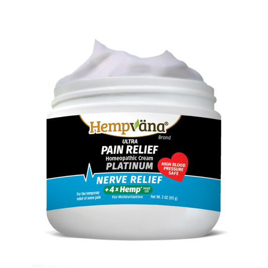 Hempvana Platinum Nerve Relief Cream bottle shows fast-absorbing relief in use