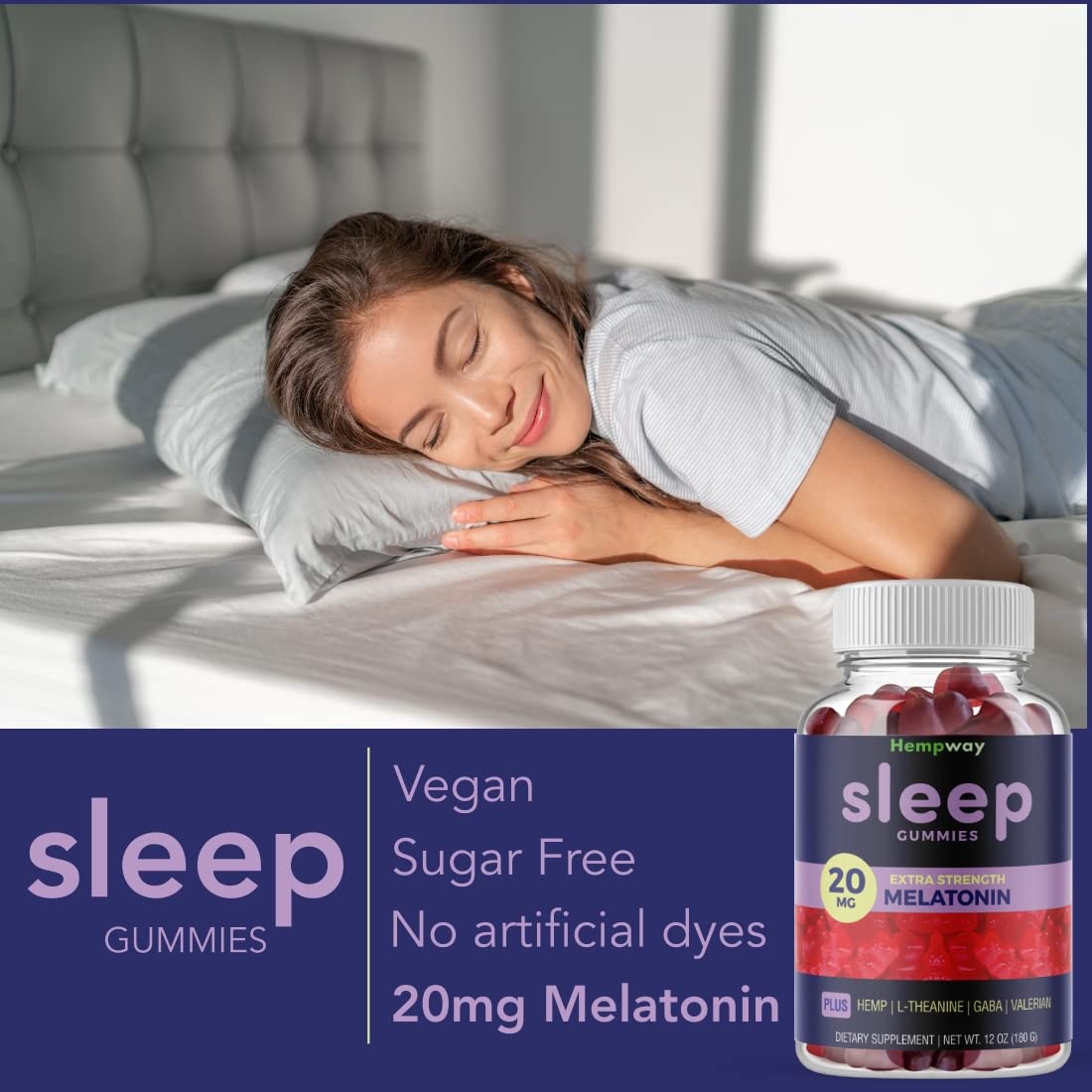 HEMPWAY melatonin gummies close-up for sugar-free strawberry night routine.